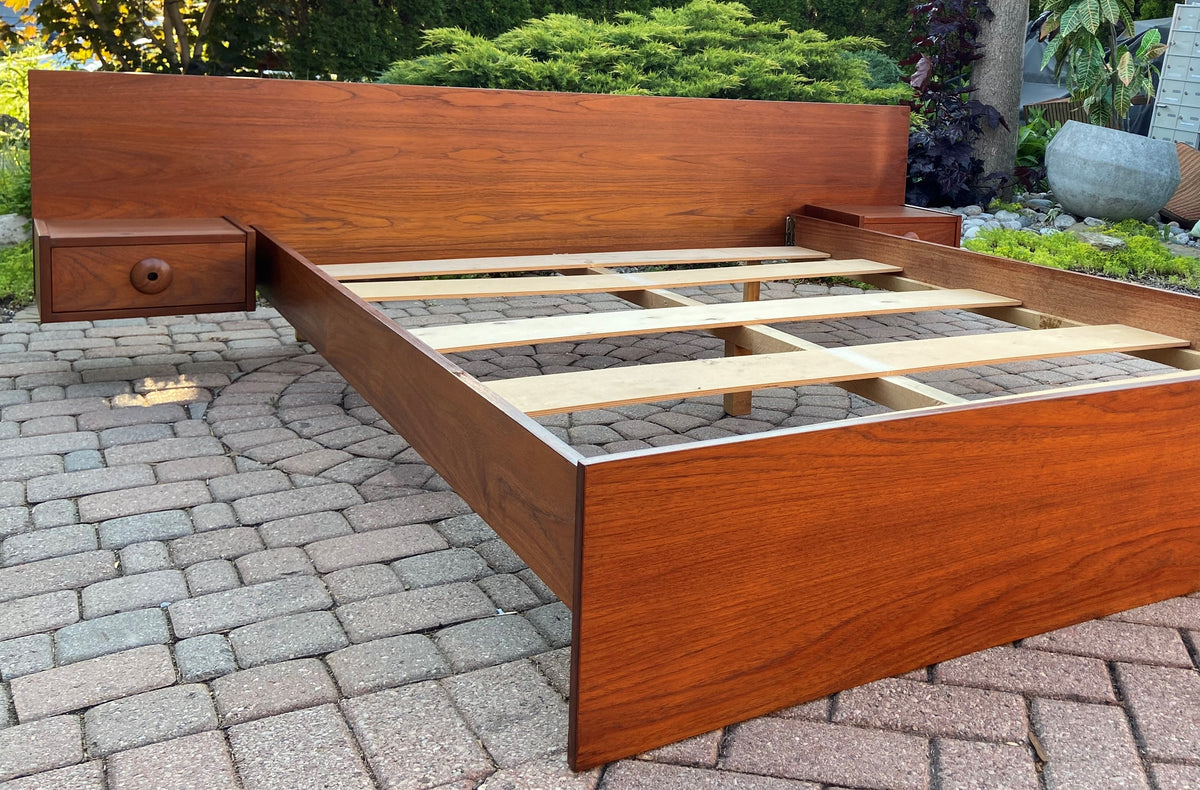 REFINISHED Queen Mid Century Modern Teak Bed w floating nightstands