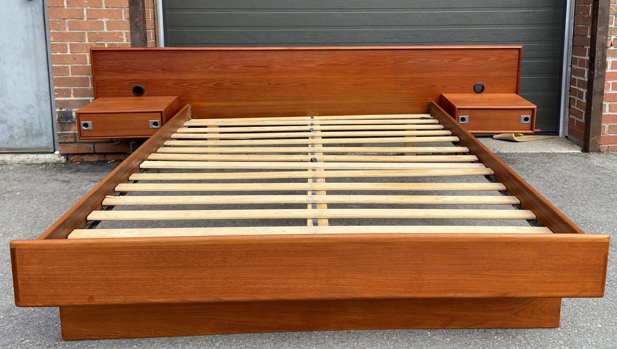 REFINISHED Mid Century Modern teak queen bed w floating nightstands & 2 dressers