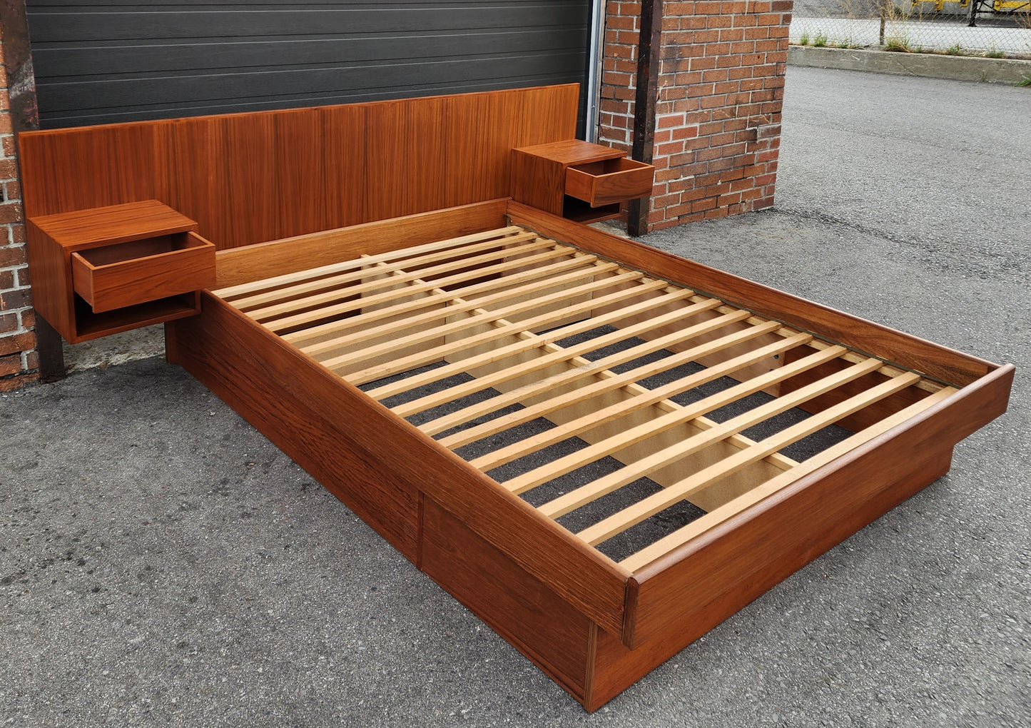 REFINISHED Mid Century Modern Teak Queen Bed w Floating Nightstands