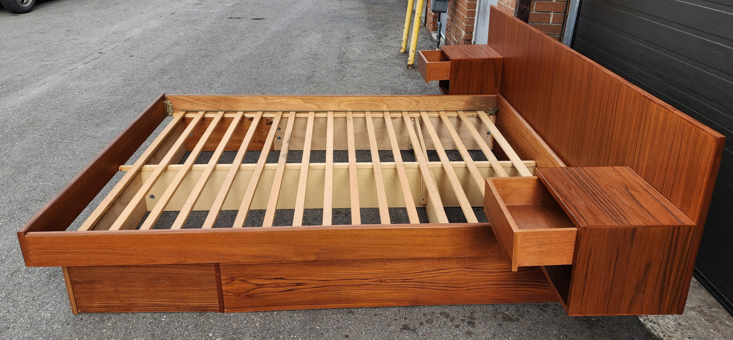 REFINISHED Mid Century Modern Teak Queen Bed w Floating Nightstands