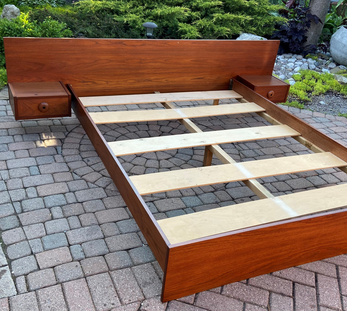 REFINISHED Queen Mid Century Modern Teak Bed w floating nightstands