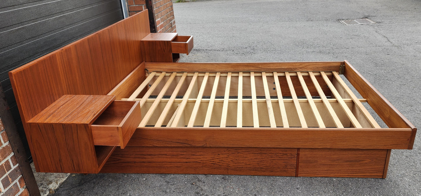 REFINISHED Mid Century Modern Teak Queen Bed w Floating Nightstands