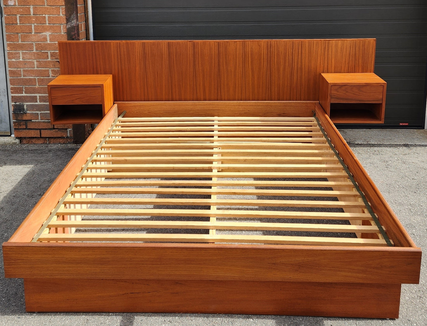 REFINISHED Mid Century Modern Teak Queen Bed w Floating Nightstands