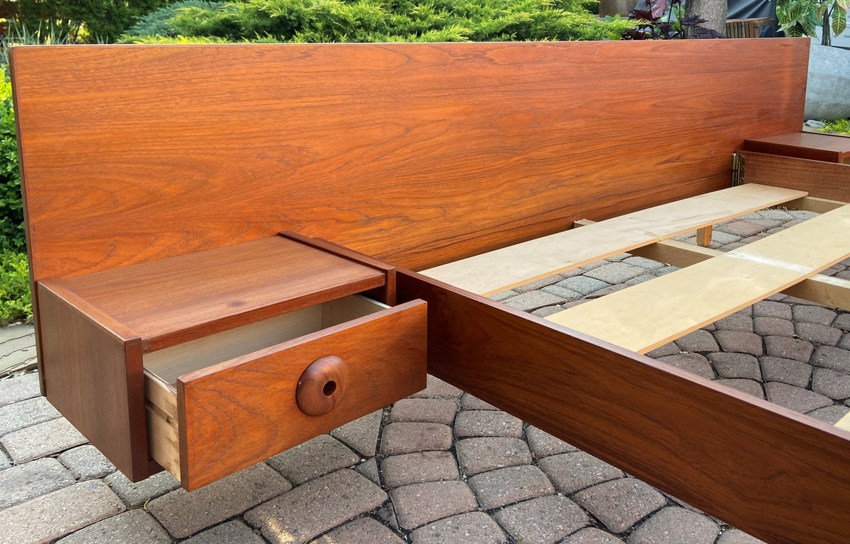 REFINISHED Queen Mid Century Modern Teak Bed w floating nightstands