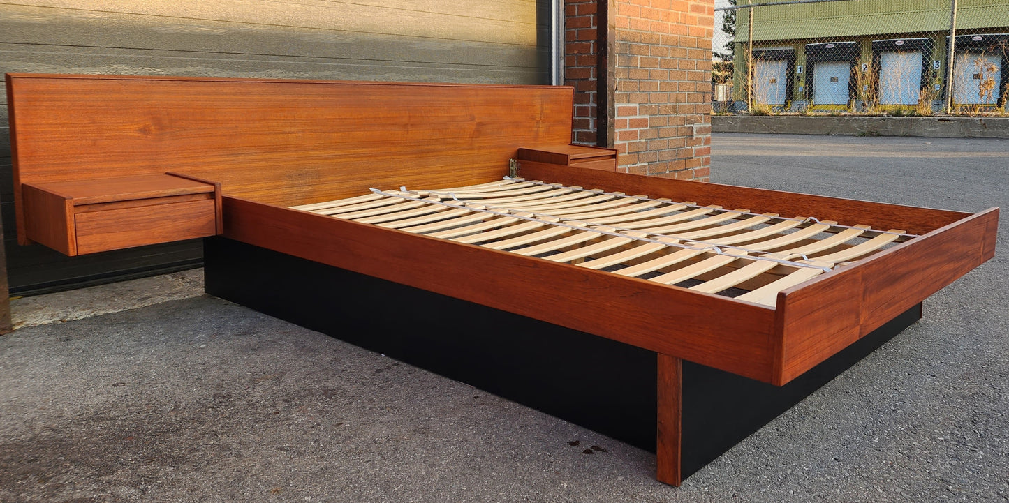 REFINISHED Mid Century Modern Teak Queen Bed w Floating Nightstands