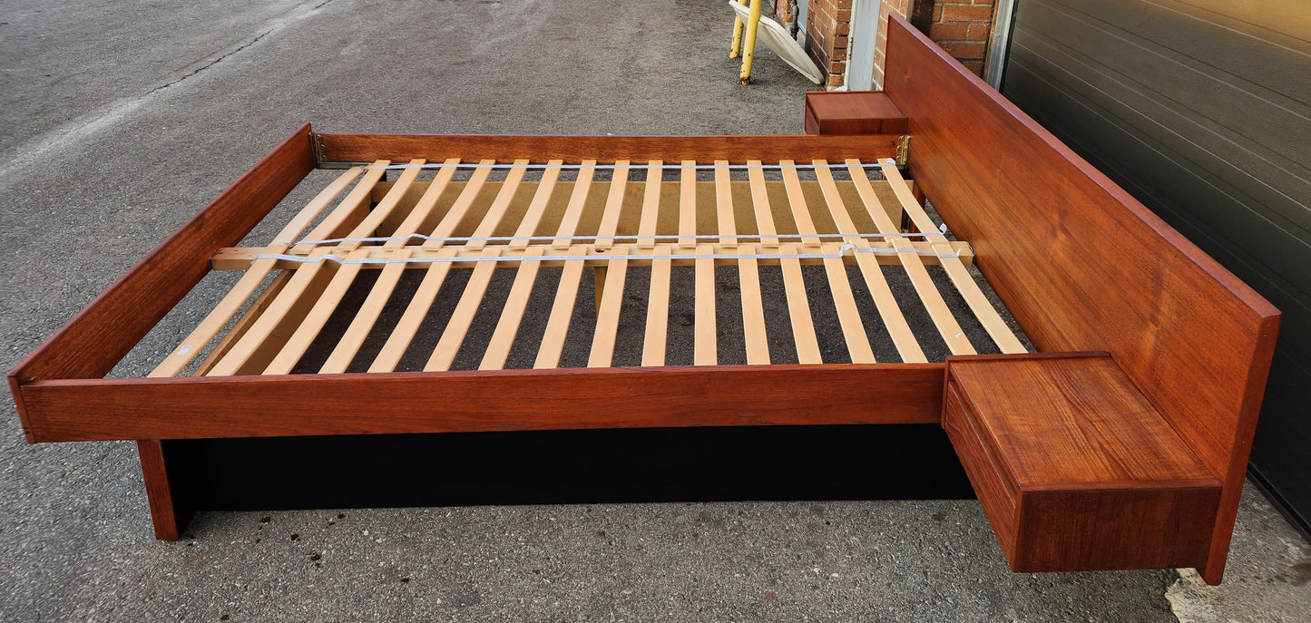 REFINISHED Mid Century Modern Teak Queen Bed w Floating Nightstands