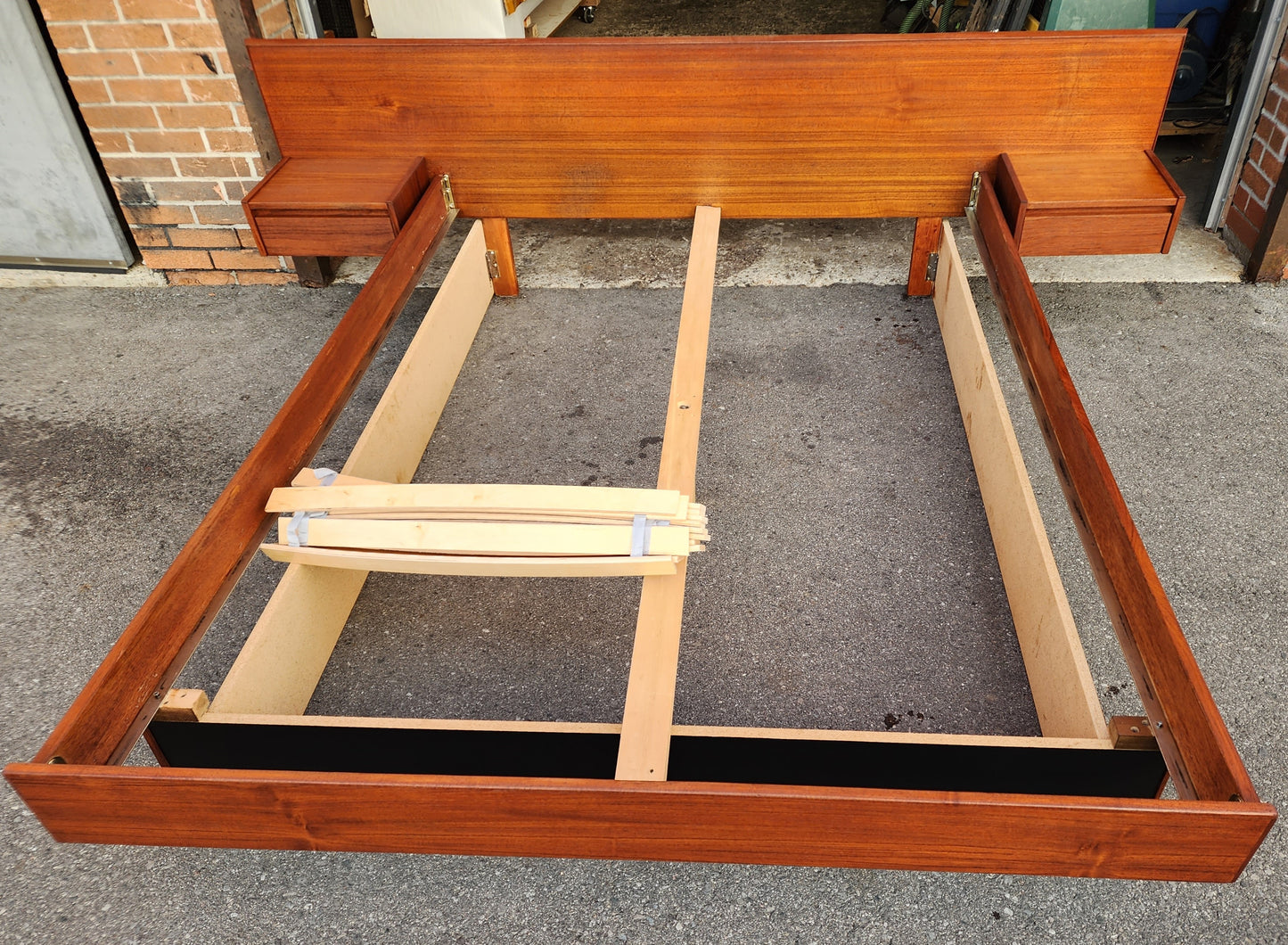 REFINISHED Mid Century Modern Teak Queen Bed w Floating Nightstands