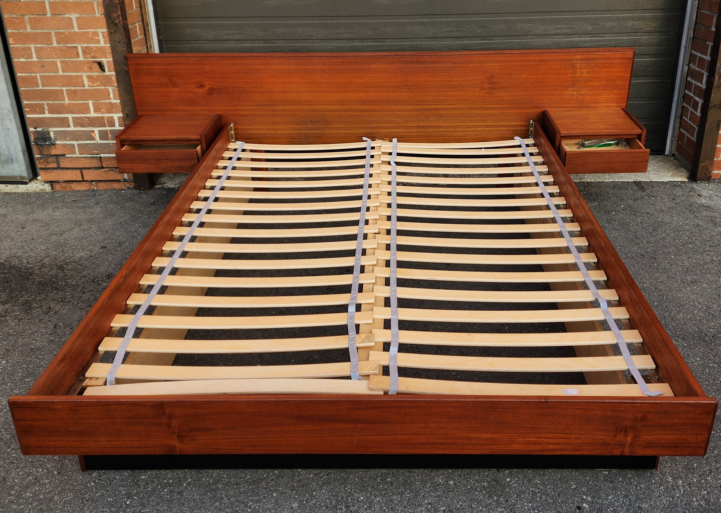 REFINISHED Mid Century Modern Teak Queen Bed w Floating Nightstands