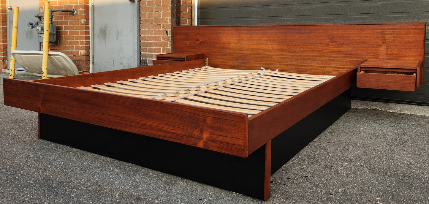 REFINISHED Mid Century Modern Teak Queen Bed w Floating Nightstands