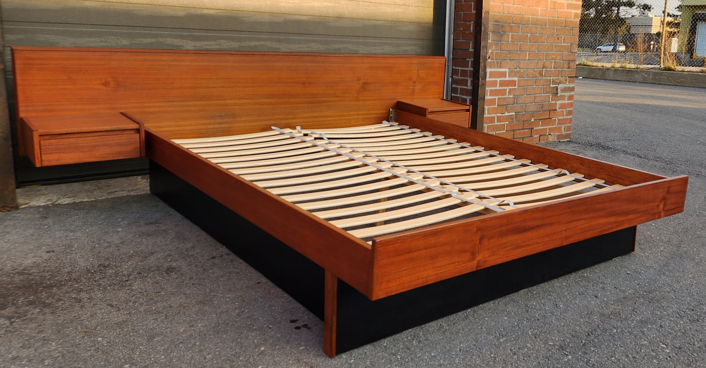 REFINISHED Mid Century Modern Teak Queen Bed w Floating Nightstands