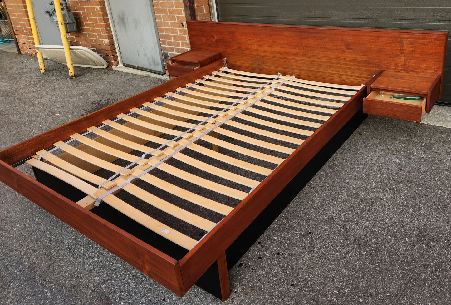 REFINISHED Mid Century Modern Teak Queen Bed w Floating Nightstands