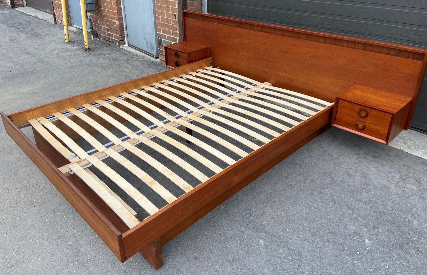 REFINISHED MCM Teak Platform Bed w floating nightstands Queen