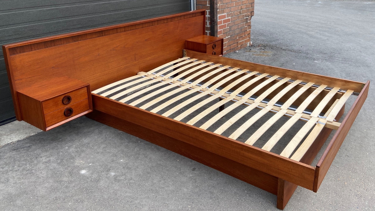 REFINISHED MCM Teak Platform Bed w floating nightstands Queen