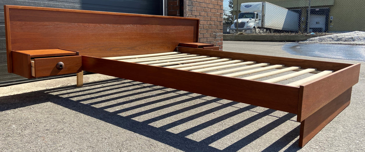 REFINISHED Mid Century Modern Teak Queen Bed w Floating Nightstands
