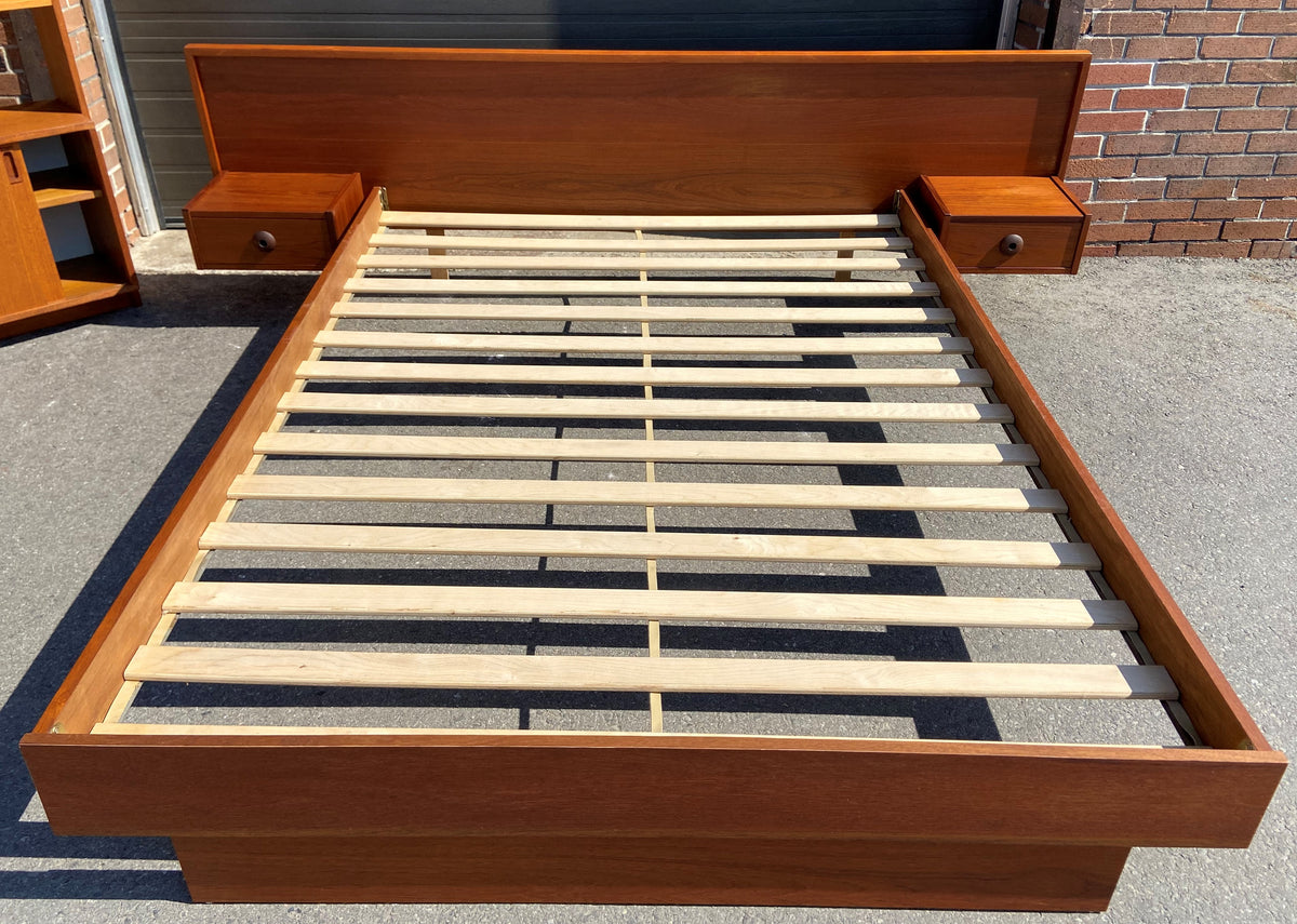 REFINISHED Mid Century Modern Teak Queen Bed w Floating Nightstands