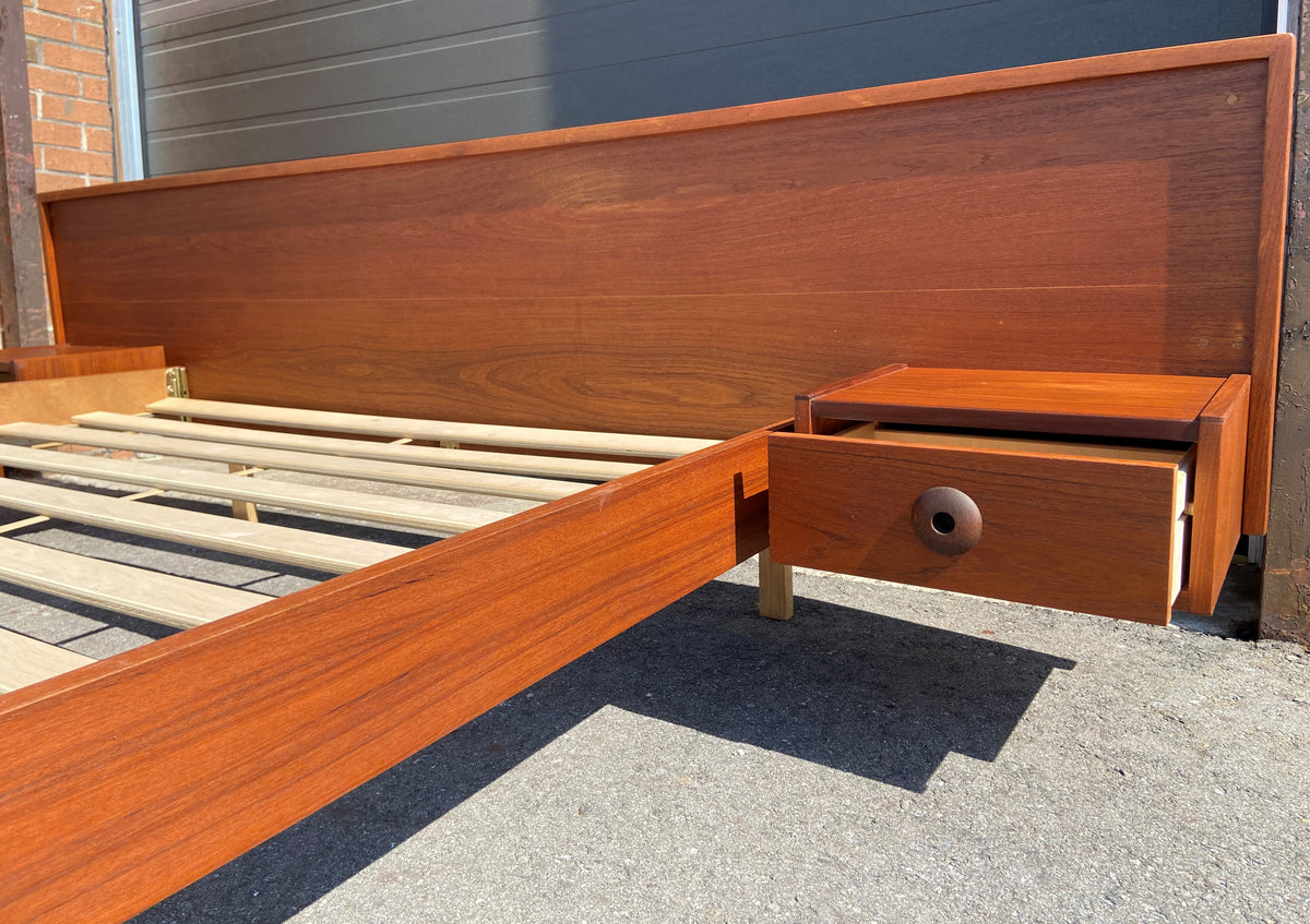 REFINISHED Mid Century Modern Teak Queen Bed w Floating Nightstands