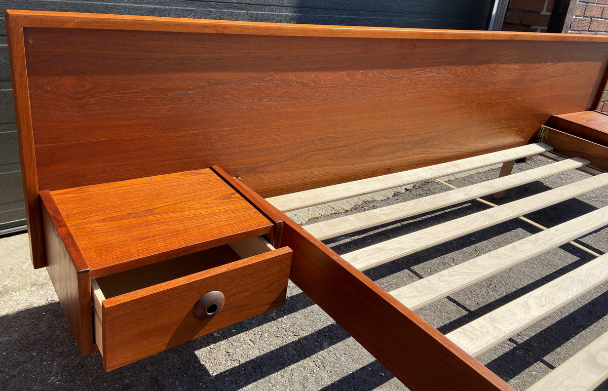 REFINISHED Mid Century Modern Teak Queen Bed w Floating Nightstands