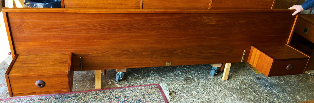 REFINISHED Mid Century Modern Teak Queen Bed w Floating Nightstands