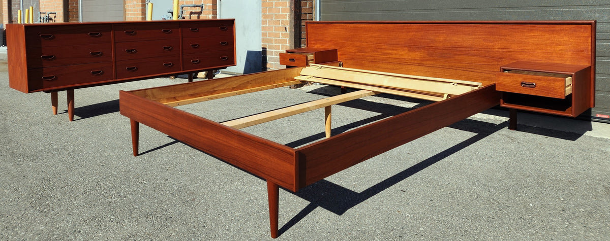 REFINISHED Danish Mid Century Modern Queen Teak Bed w Nightstands & Dresser 9 Drawers