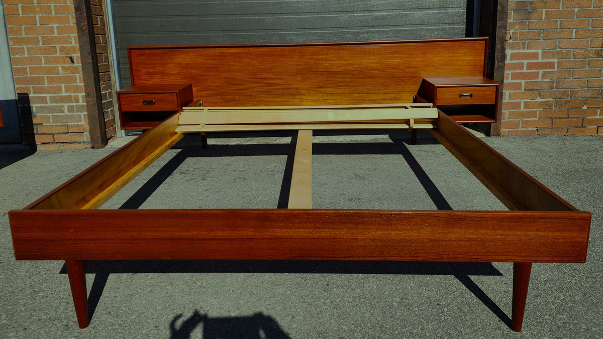 REFINISHED Danish Mid Century Modern Queen Teak Bed w Nightstands & Dresser 9 Drawers