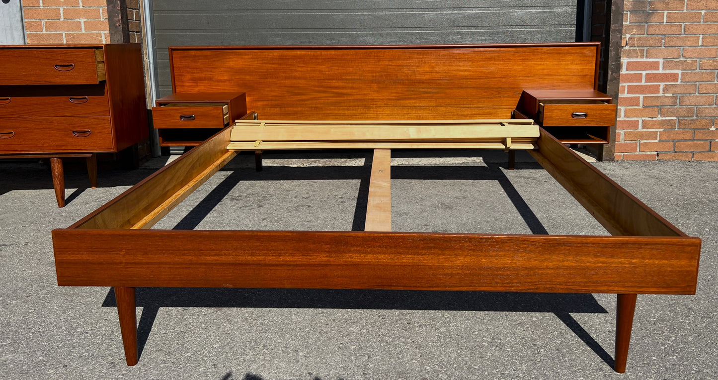 REFINISHED Danish Mid Century Modern Queen Teak Bed w Nightstands & Dresser 9 Drawers