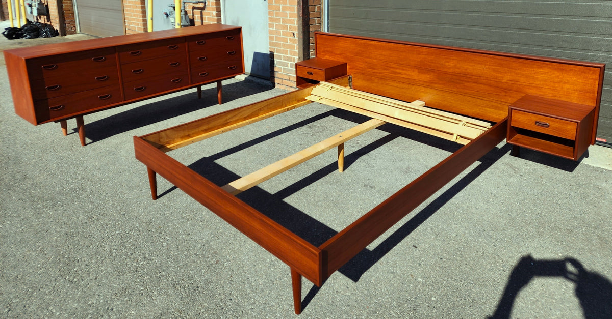REFINISHED Danish Mid Century Modern Queen Teak Bed w Nightstands & Dresser 9 Drawers