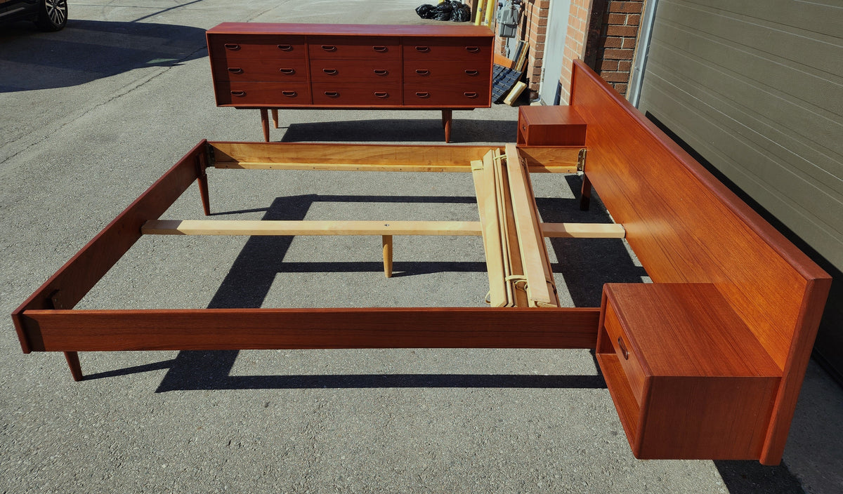 REFINISHED Danish Mid Century Modern Queen Teak Bed w Nightstands & Dresser 9 Drawers