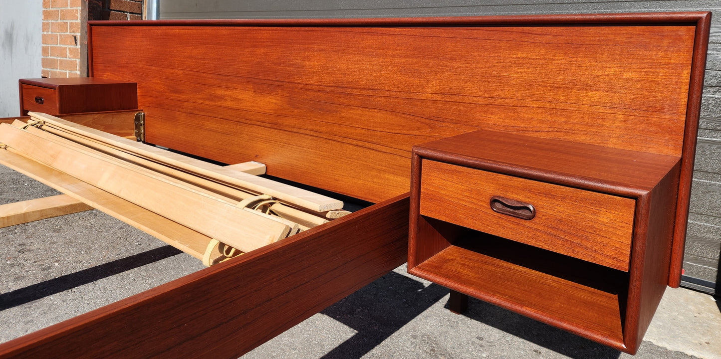 REFINISHED Danish Mid Century Modern Queen Teak Bed w Nightstands & Dresser 9 Drawers