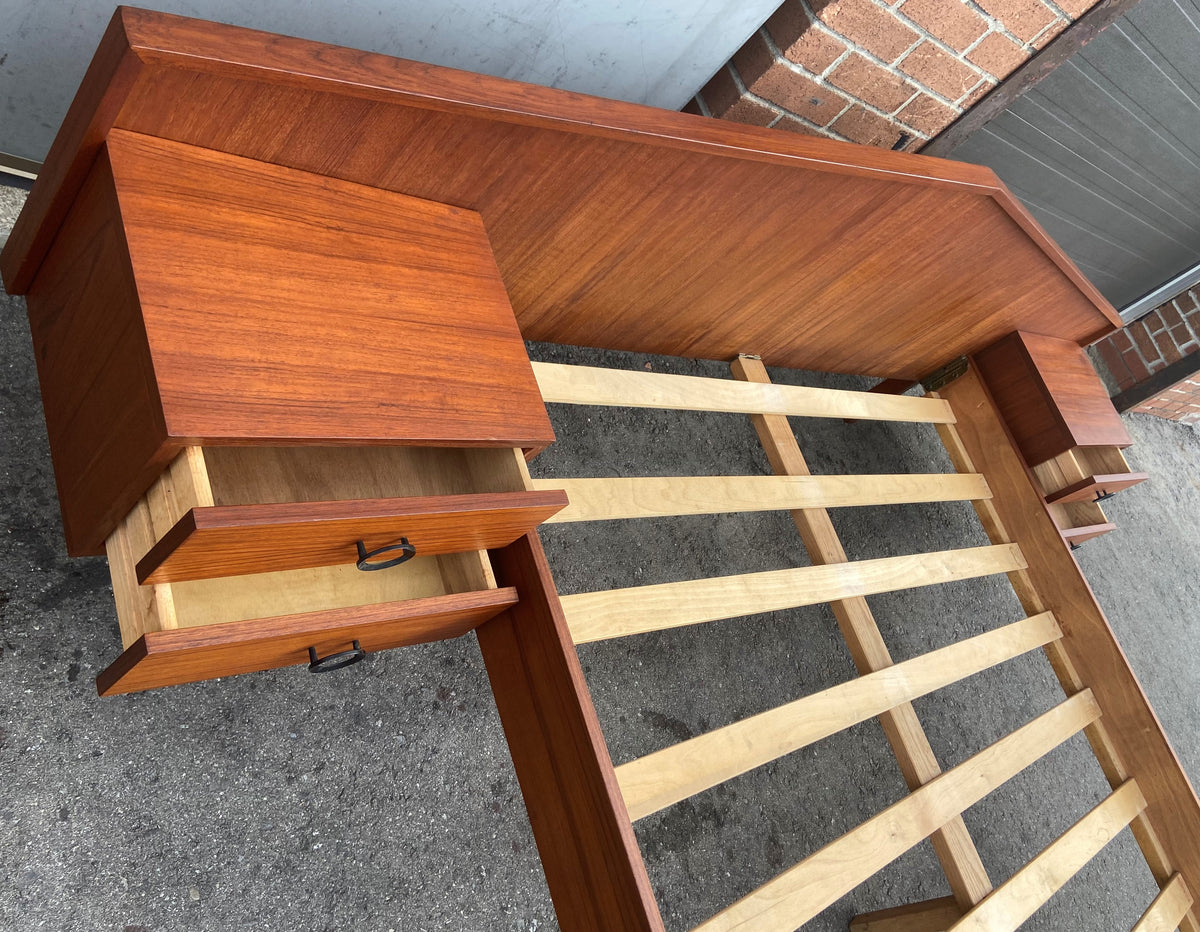 REFINISHED Mid Century Modern Teak Bed w floating nightstands Queen, PERFECT