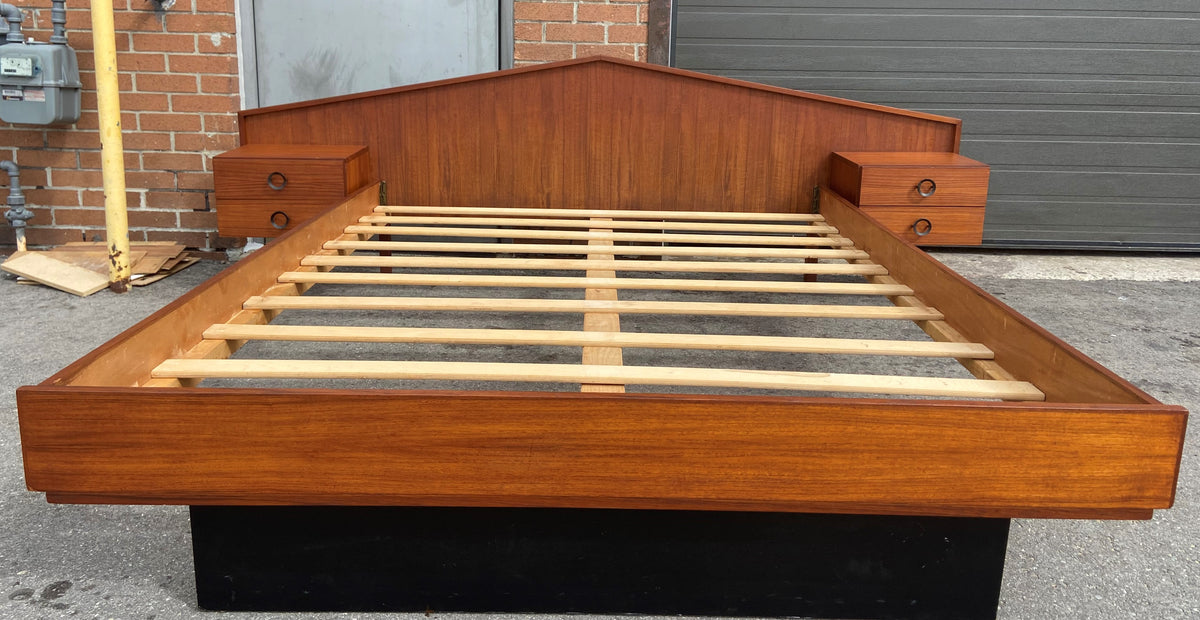 REFINISHED Mid Century Modern Teak Bed w floating nightstands Queen, PERFECT
