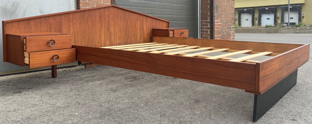 REFINISHED Mid Century Modern Teak Bed w floating nightstands Queen, PERFECT