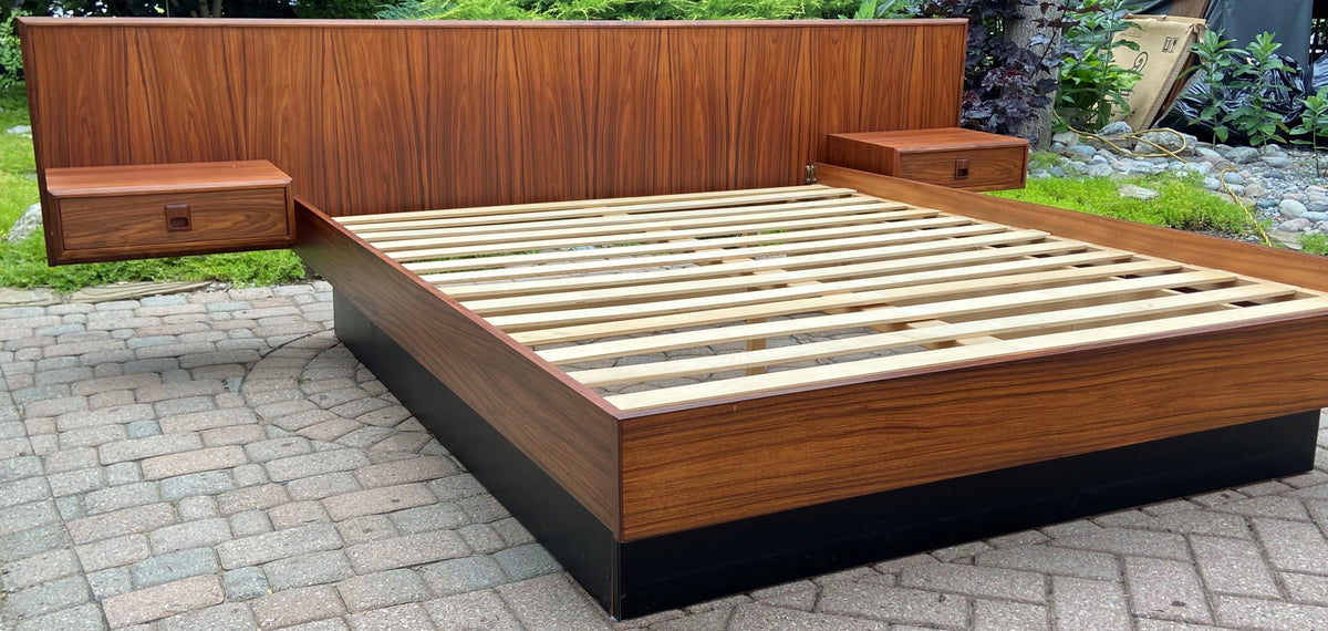 REFINISHED Mid Century Modern Rosewood Bed w floating nightstands Queen, PERFECT