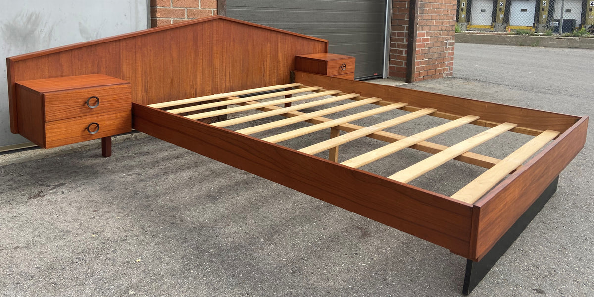 REFINISHED Mid Century Modern Teak Bed w floating nightstands Queen, PERFECT