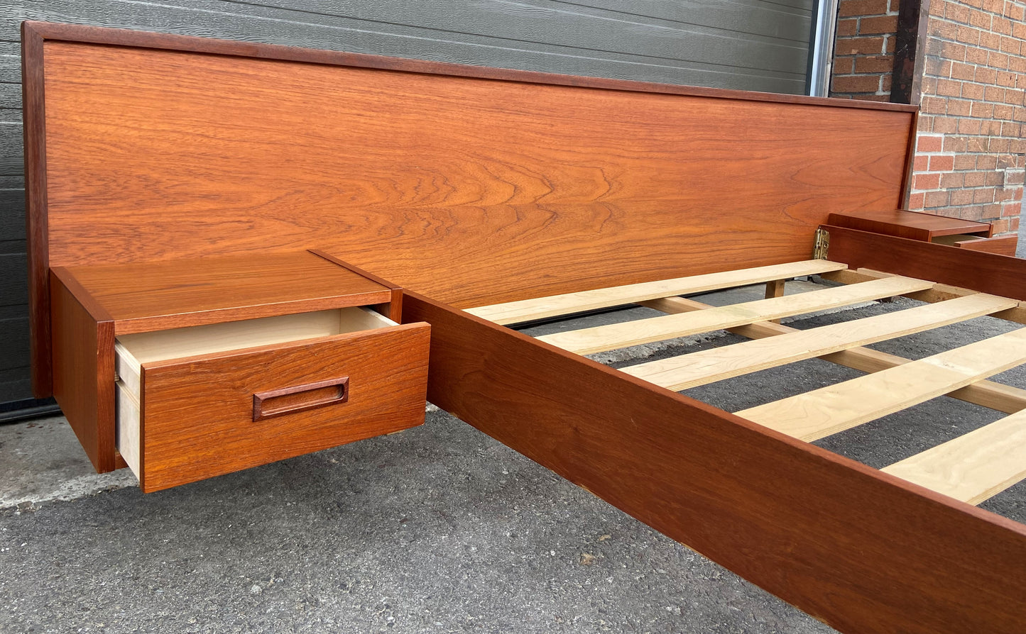 REFINISHED Mid Century Modern Teak Bed w floating nightstands Queen