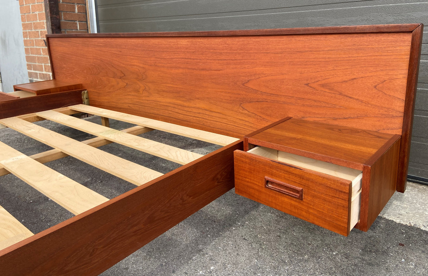 REFINISHED Mid Century Modern Teak Bed w floating nightstands Queen