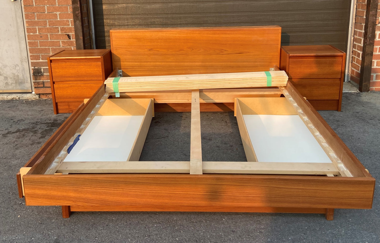 RESTORED MCM Teak Bed Queen with 2 Nightstands & 2 Storage Drawers