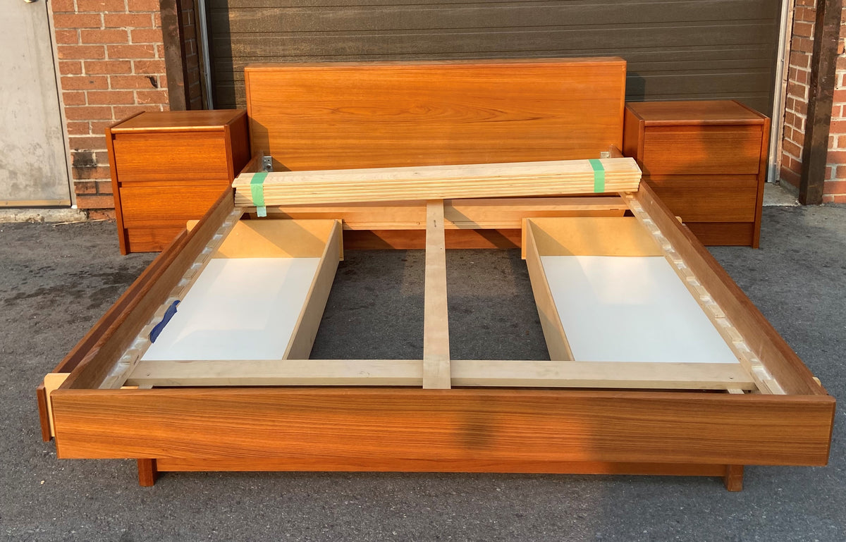 RESTORED MCM Teak Bed Queen with 2 Nightstands & 2 Storage Drawers