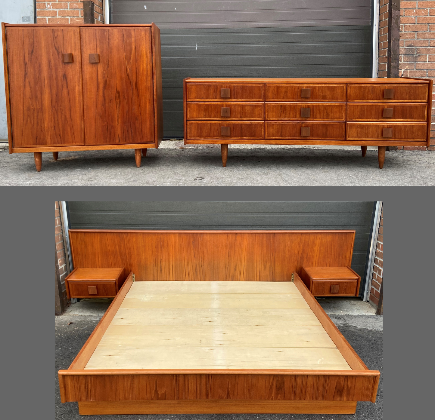 REFINISHED MCM Teak dresser, highboy & Queen platform bed w floating nightstands