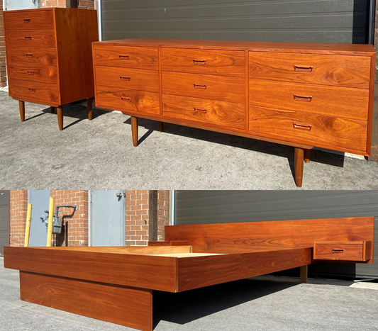 REFINISHED Danish MCM Teak dresser, highboy & Queen platform bed w floating nightstands, Perfect