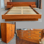 REFINISHED Mid Century Modern teak queen bed w floating nightstands & 2 dressers 1
