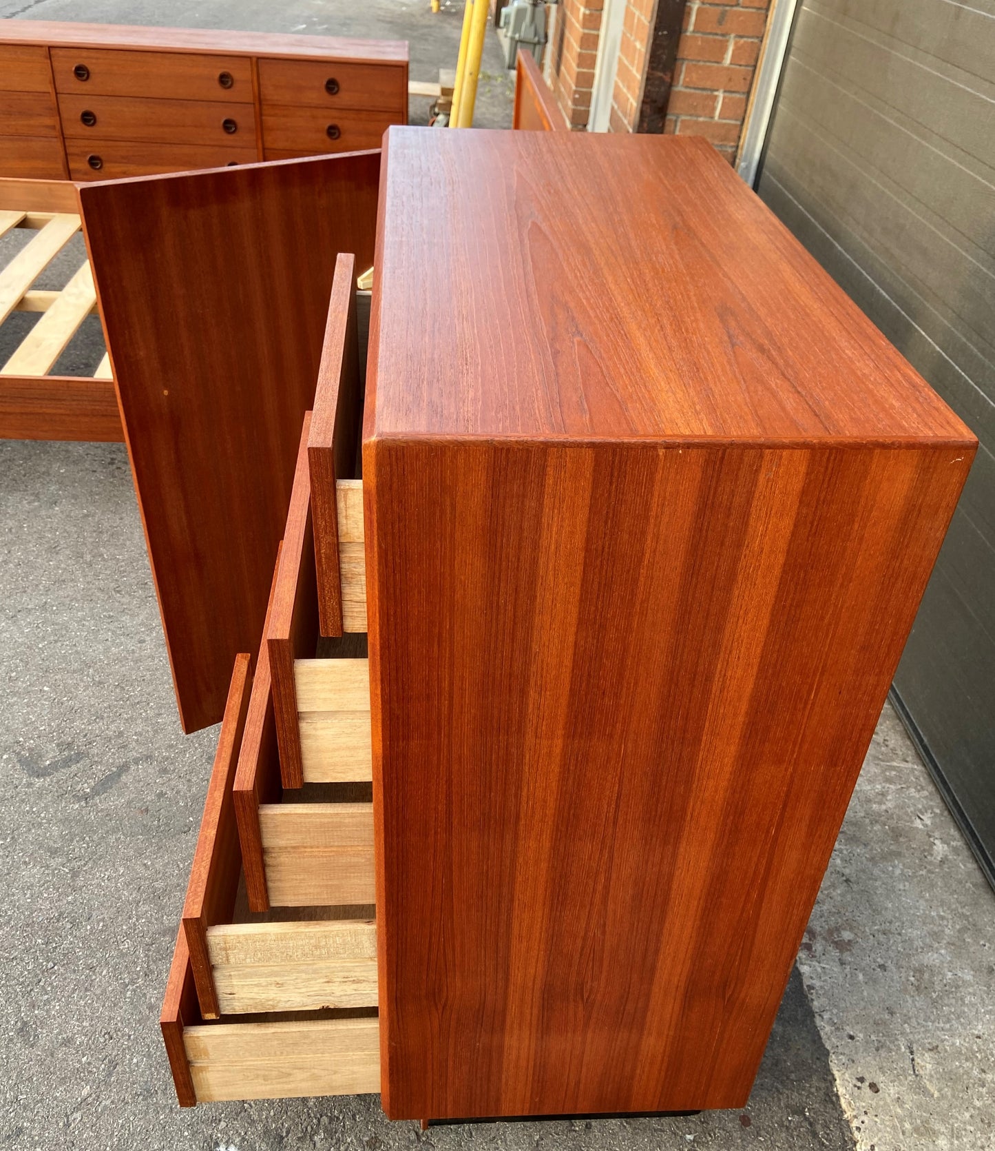 REFINISHED Mid Century Modern teak bedroom set w queen bed and rosewood details
