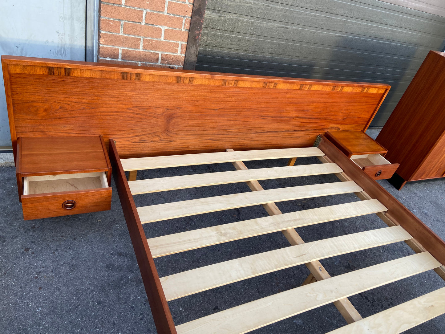 REFINISHED Mid Century Modern teak bedroom set w queen bed and rosewood details