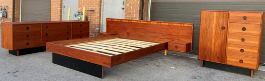 REFINISHED Mid Century Modern teak bedroom set w queen bed and rosewood details