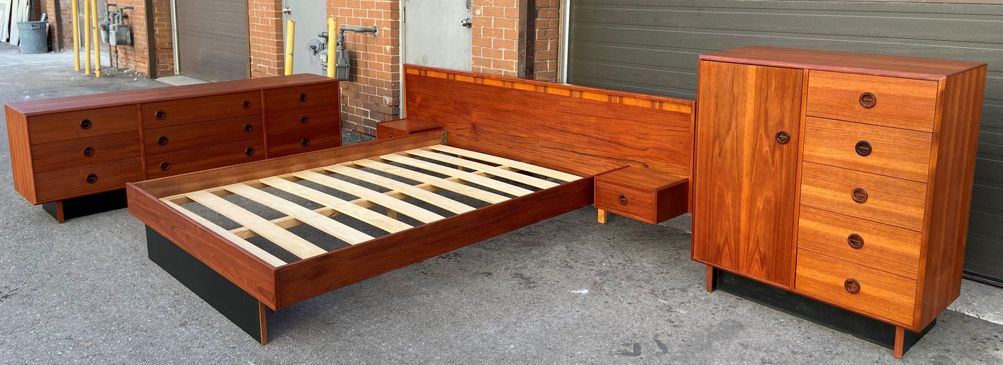 REFINISHED Mid Century Modern teak bedroom set w queen bed and rosewood details