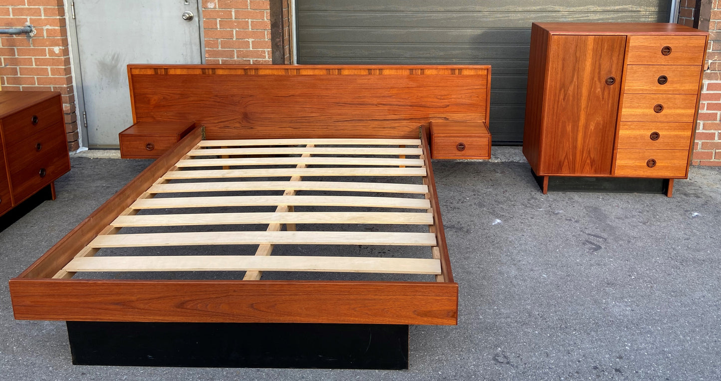 REFINISHED Mid Century Modern teak bedroom set w queen bed and rosewood details