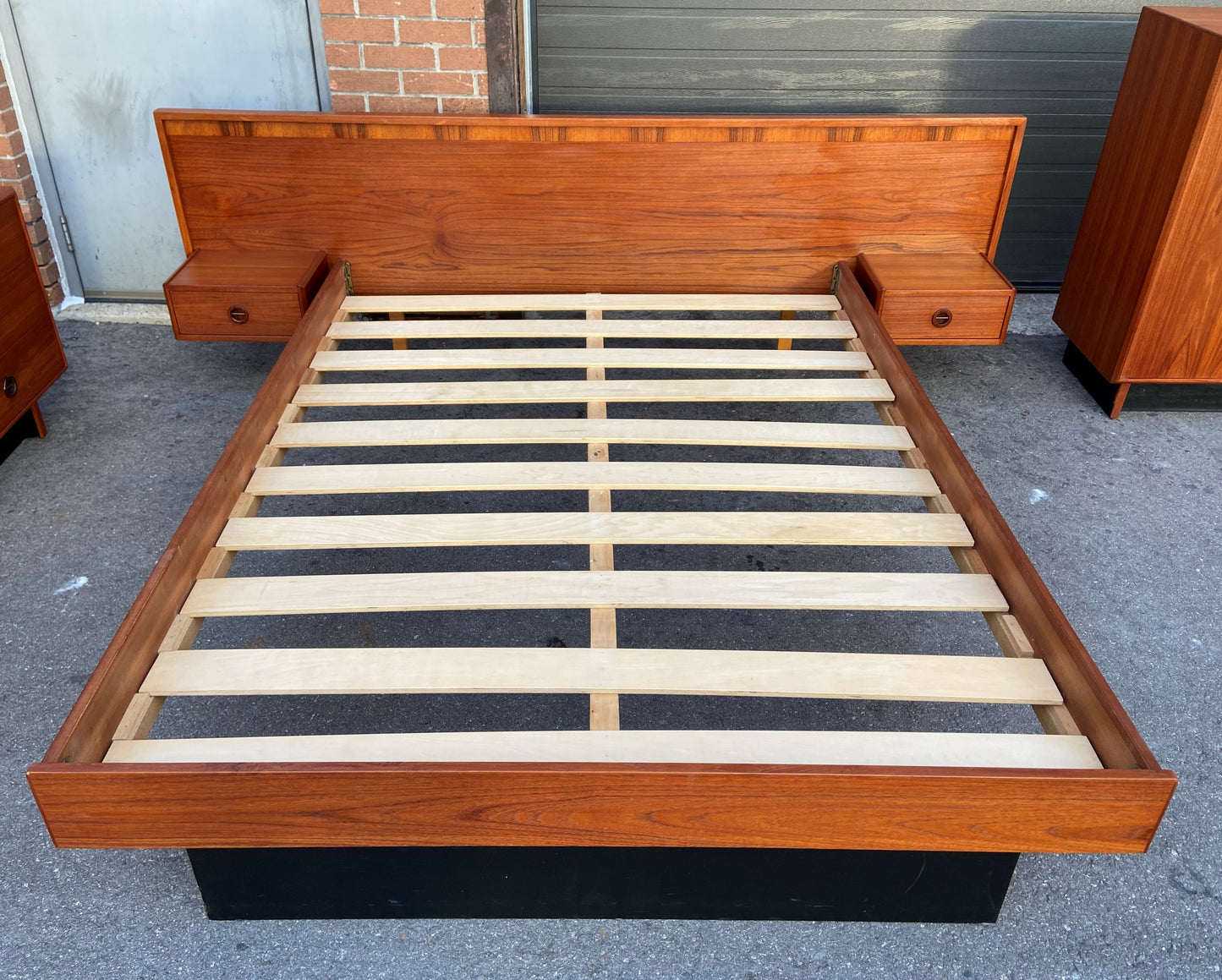 REFINISHED Mid Century Modern teak bedroom set w queen bed and rosewood details