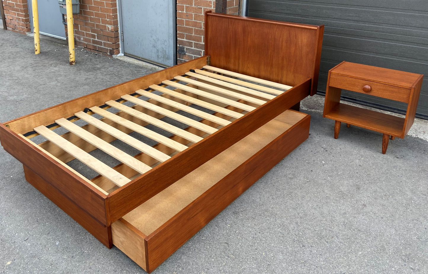 REFINISHED MCM Teak Platform Bed Single w Storage Drawer & Nightstand, Perfect