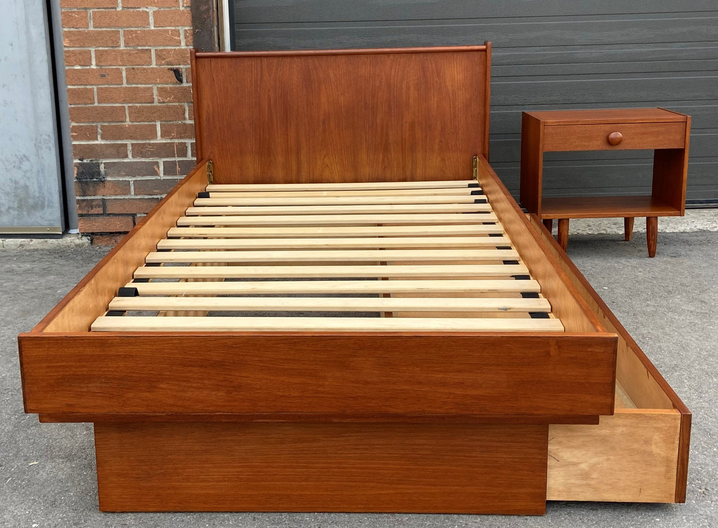 REFINISHED MCM Teak Platform Bed Single w Storage Drawer & Nightstand, Perfect