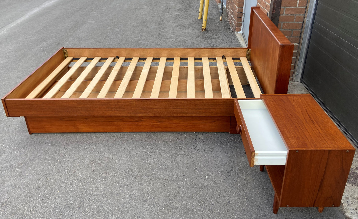 REFINISHED MCM Teak Platform Bed Single w Storage Drawer & Nightstand, Perfect