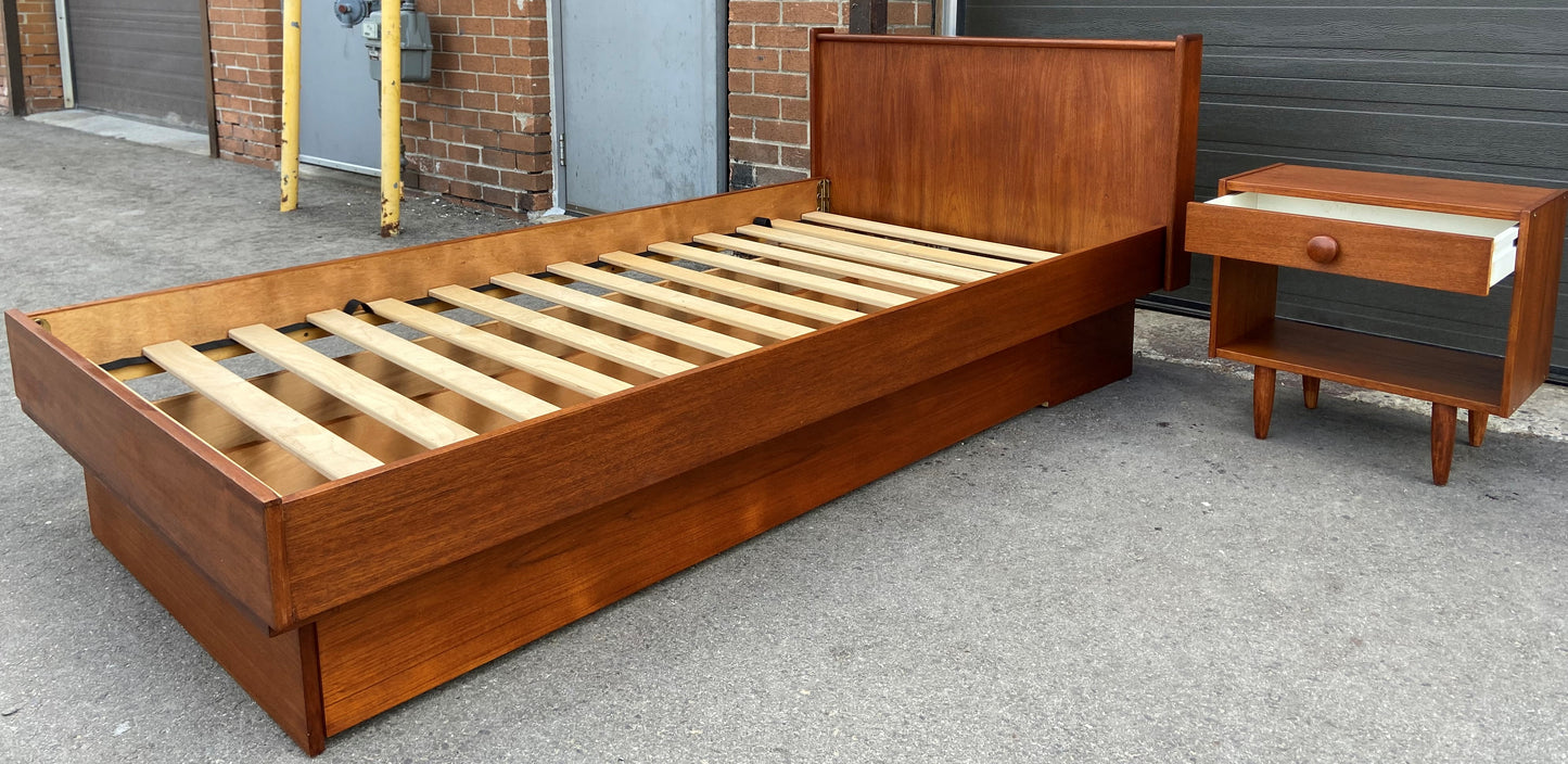REFINISHED MCM Teak Platform Bed Single w Storage Drawer & Nightstand, Perfect